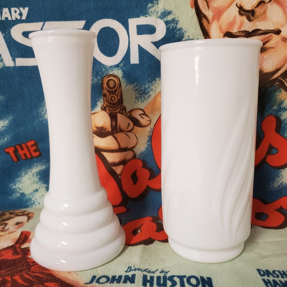 Vintage Vases Lot Of 2 Milk Glass 8" Beehive 7.5" Leafy Design
